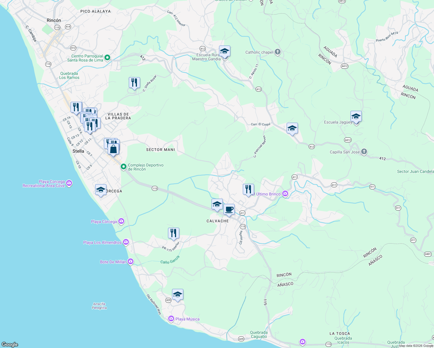 map of restaurants, bars, coffee shops, grocery stores, and more near Calle Pascual Nieves in Aguada