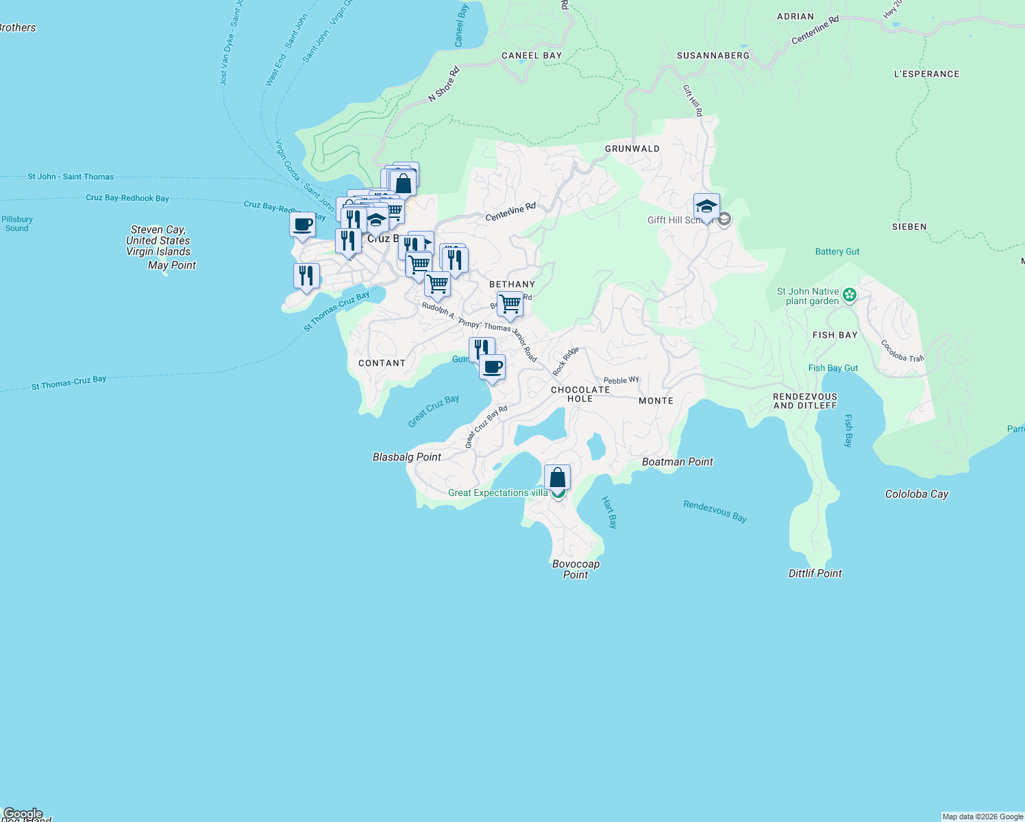 map of restaurants, bars, coffee shops, grocery stores, and more near 23 Great Cruz Bay Road in Cruz Bay