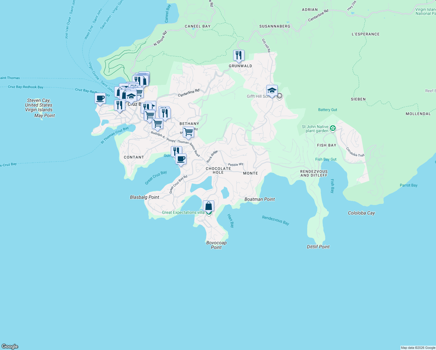 map of restaurants, bars, coffee shops, grocery stores, and more near in Cruz Bay