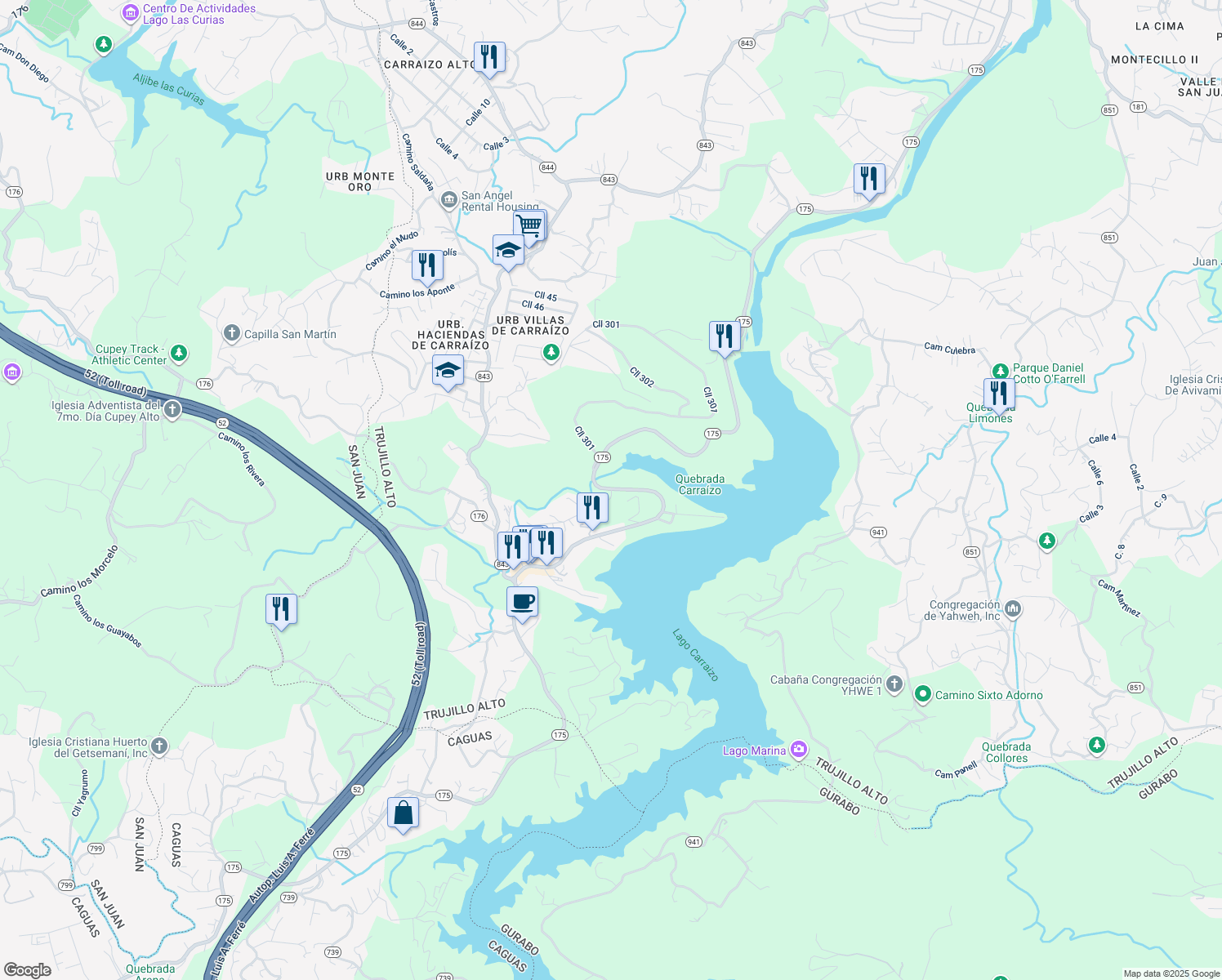 map of restaurants, bars, coffee shops, grocery stores, and more near Puerto Rico 175 in Trujillo Alto