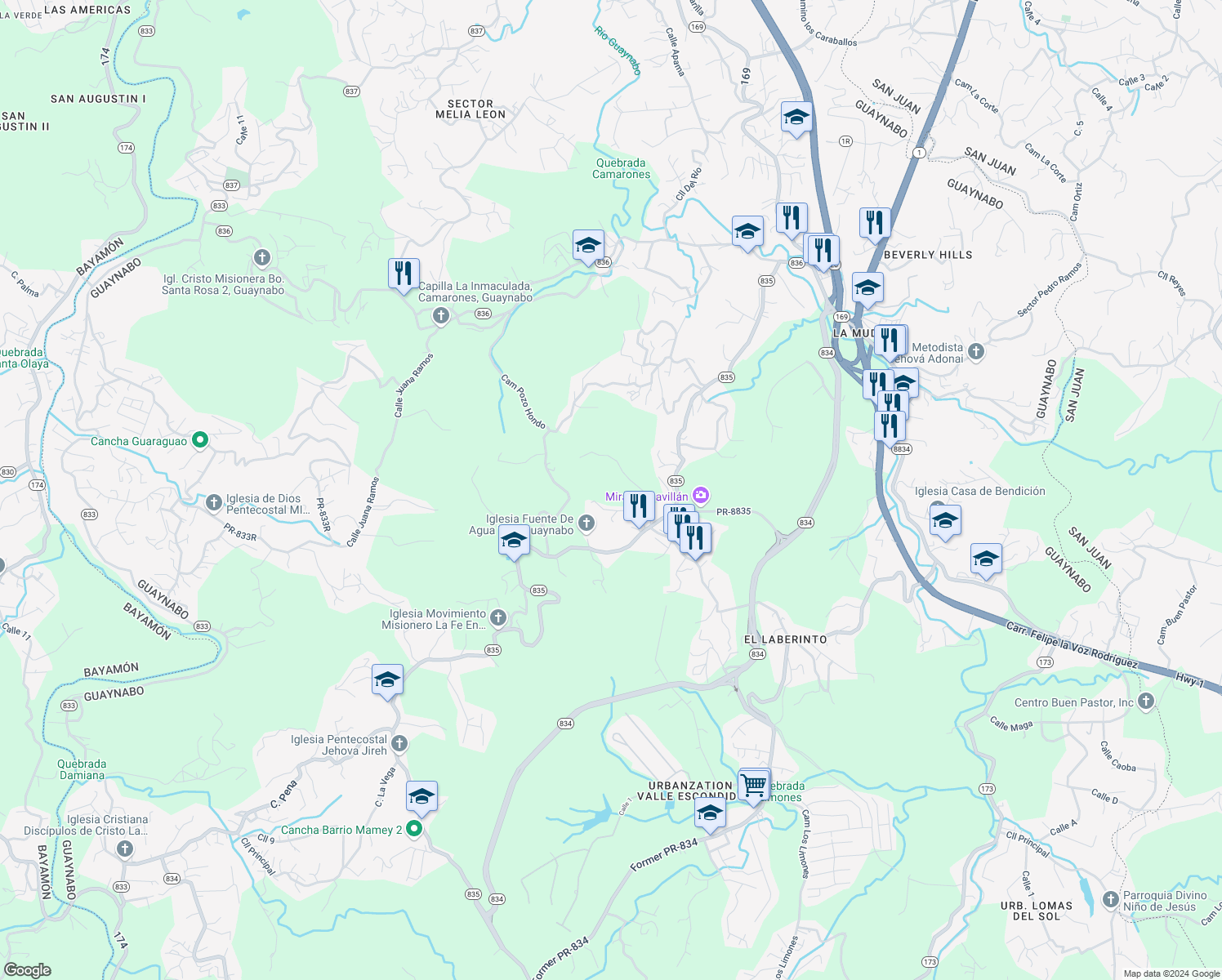 map of restaurants, bars, coffee shops, grocery stores, and more near in Guaynabo