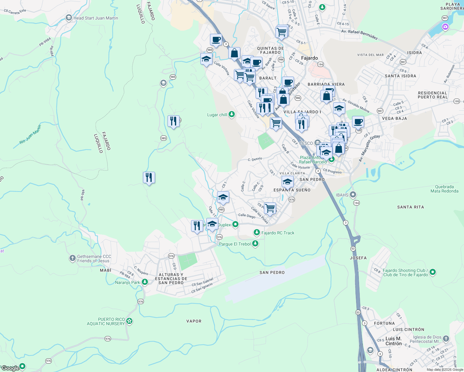map of restaurants, bars, coffee shops, grocery stores, and more near 349 Calle Vista Hermosa in Fajardo