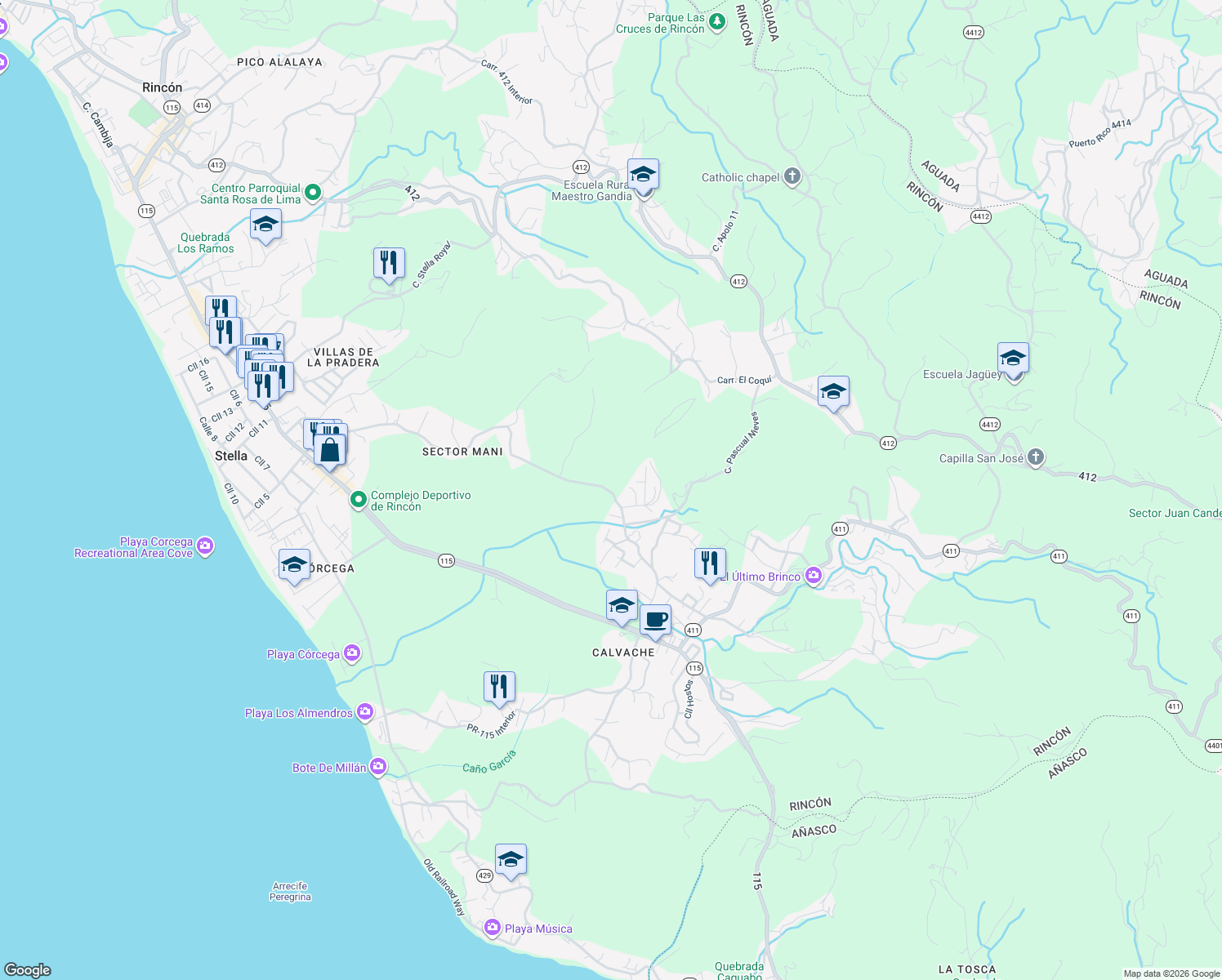map of restaurants, bars, coffee shops, grocery stores, and more near Unnamed Road in Aguada