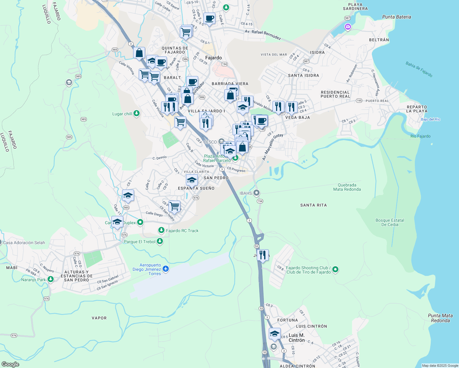 map of restaurants, bars, coffee shops, grocery stores, and more near Highway 3 in Fajardo