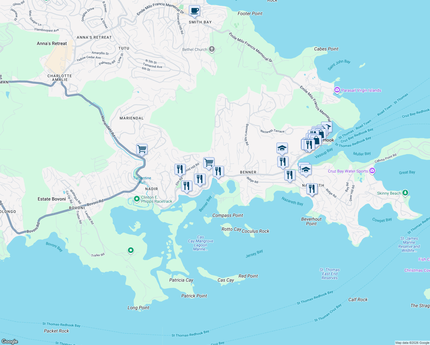map of restaurants, bars, coffee shops, grocery stores, and more near 431 Red Hook Road in East End