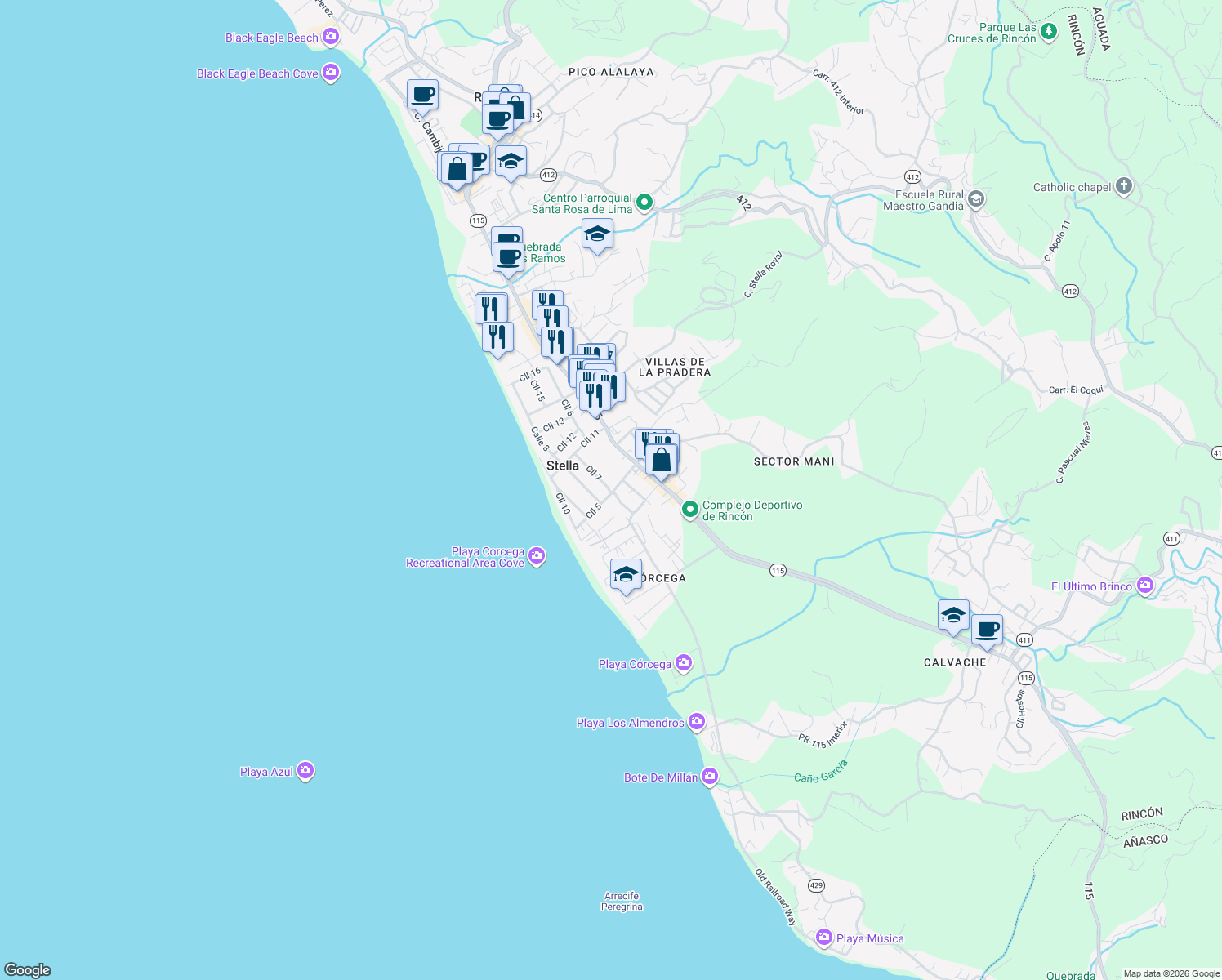 map of restaurants, bars, coffee shops, grocery stores, and more near 3183-3207 Cll 7 in Aguada