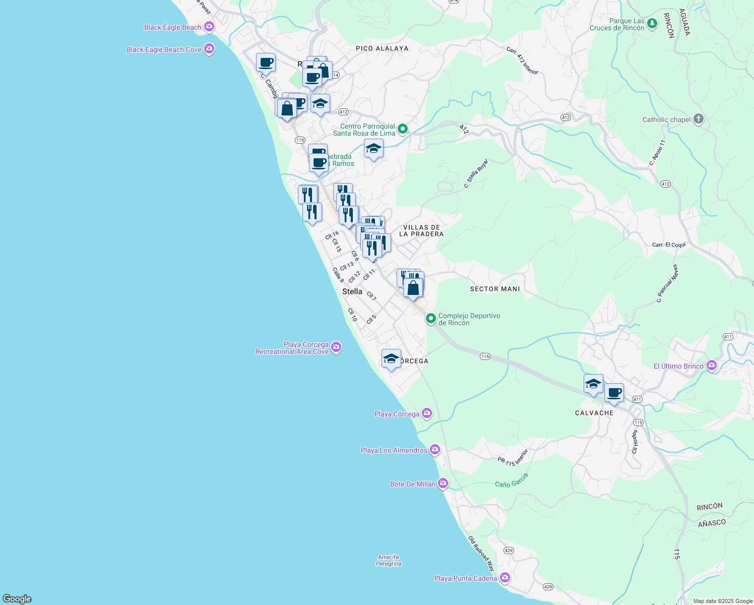 map of restaurants, bars, coffee shops, grocery stores, and more near 3183-3207 Cll 7 in Aguada