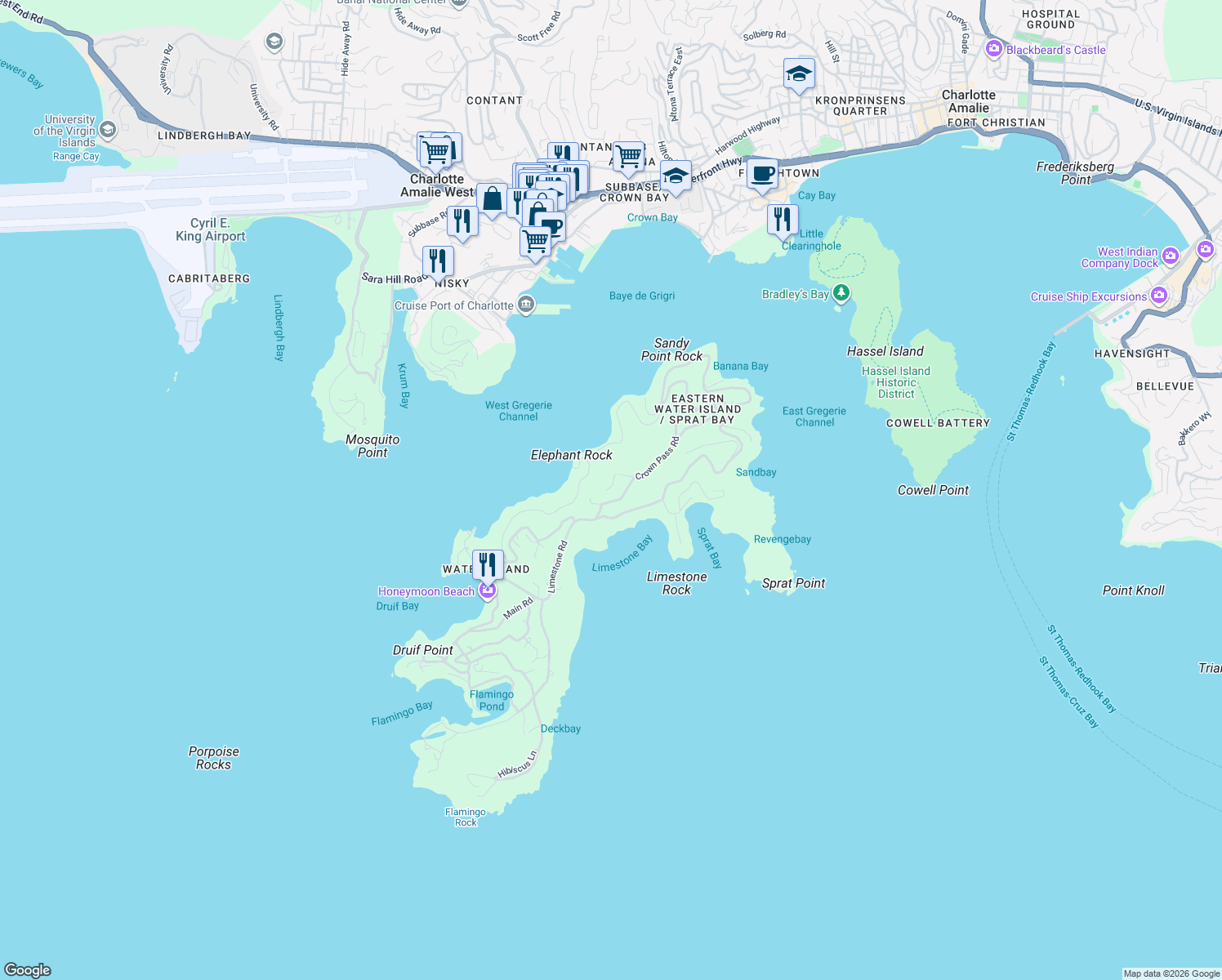 map of restaurants, bars, coffee shops, grocery stores, and more near Ridge Road in Water Island