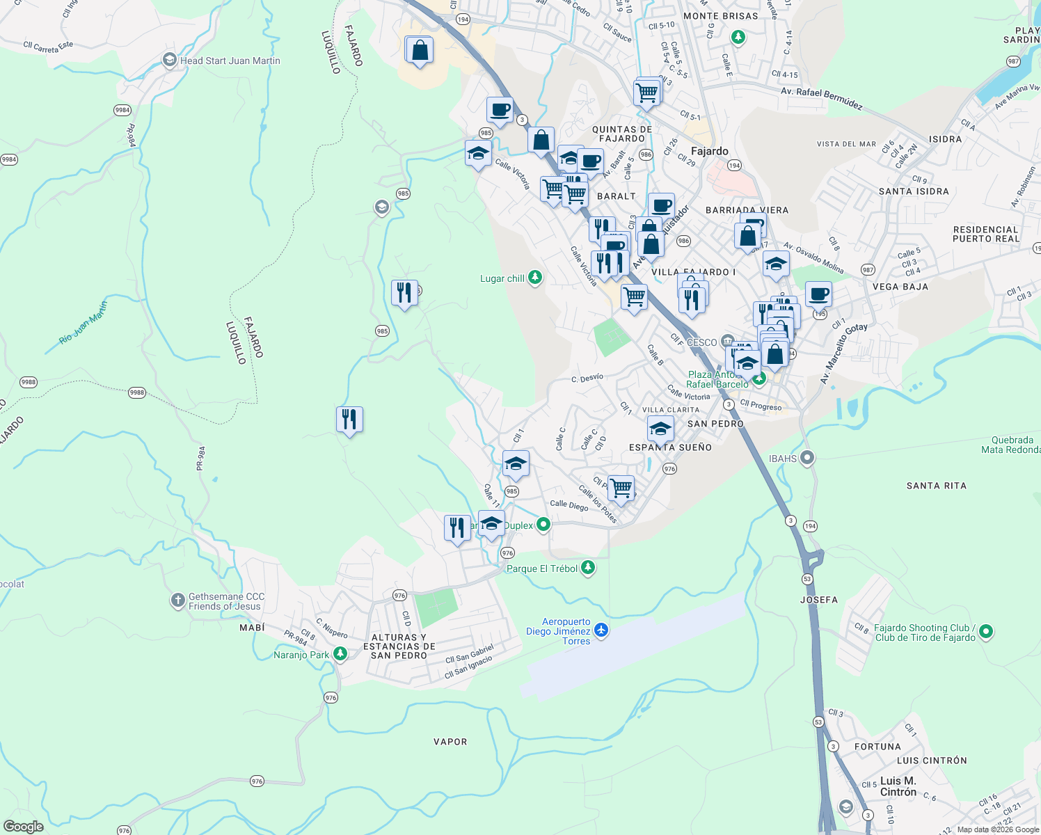 map of restaurants, bars, coffee shops, grocery stores, and more near 69 Puerto Rico 985 in Fajardo
