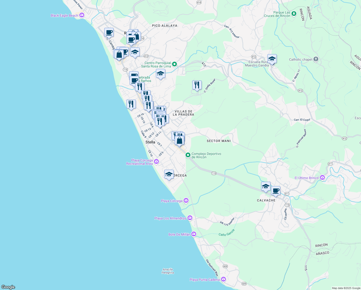 map of restaurants, bars, coffee shops, grocery stores, and more near 115 Km 11.0 Puerto Rico 115 in Aguada