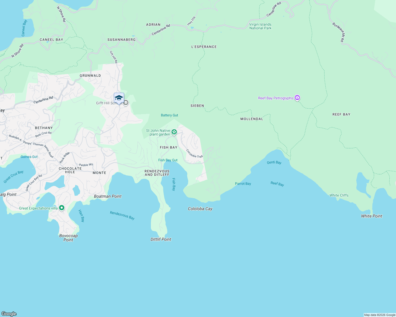 map of restaurants, bars, coffee shops, grocery stores, and more near 61 Cocoloba Trail in Cruz Bay
