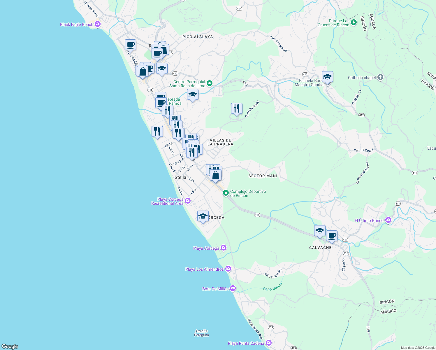 map of restaurants, bars, coffee shops, grocery stores, and more near 115 Highway 115 in Aguada