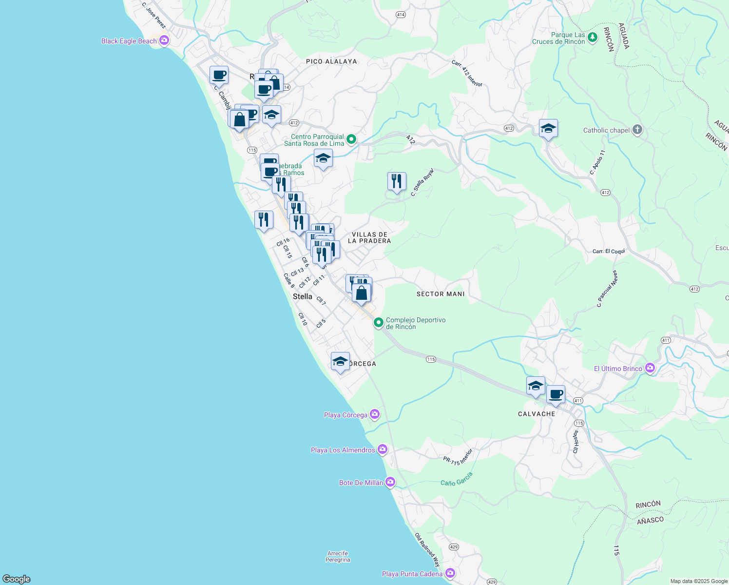 map of restaurants, bars, coffee shops, grocery stores, and more near 115 Highway 115 in Aguada