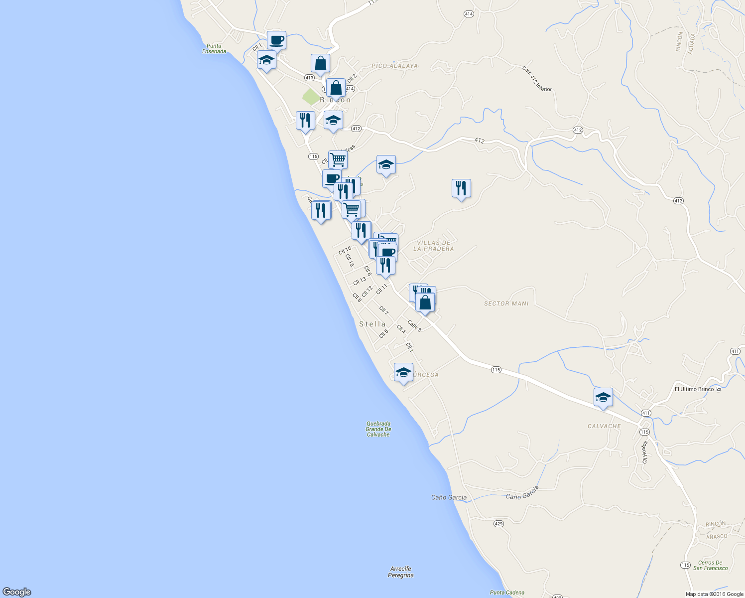 map of restaurants, bars, coffee shops, grocery stores, and more near 3183 Calle 7 in Aguada