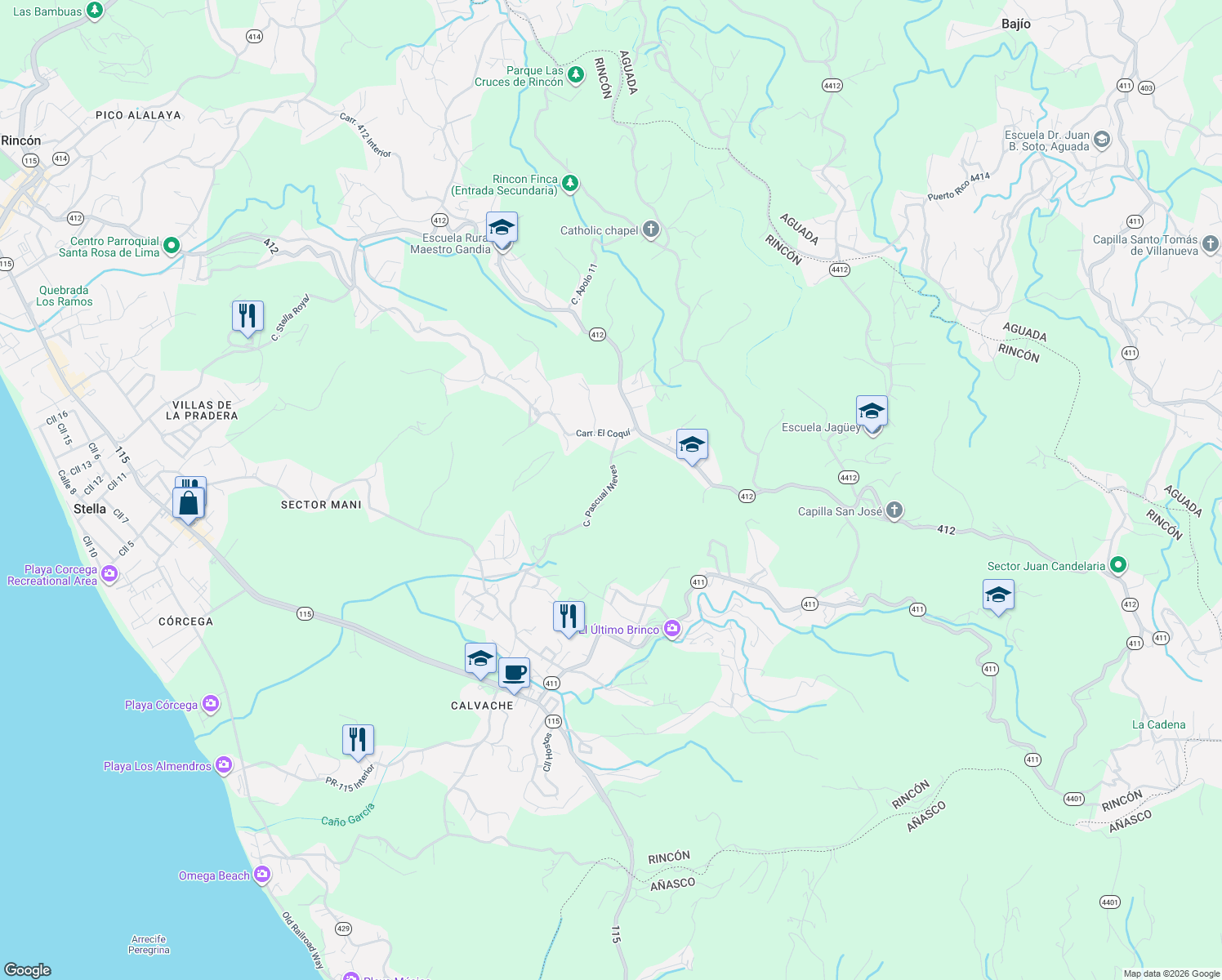 map of restaurants, bars, coffee shops, grocery stores, and more near Carr El Coqui in Aguada