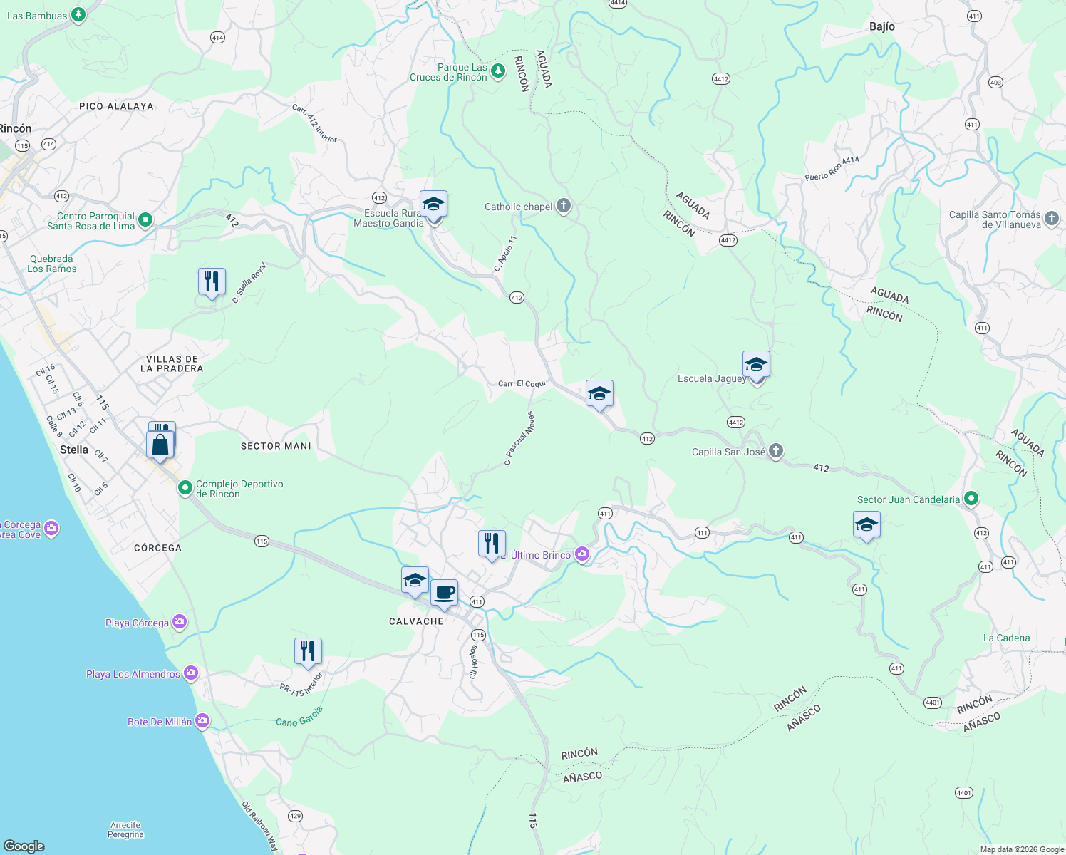 map of restaurants, bars, coffee shops, grocery stores, and more near Carr El Coqui in Aguada