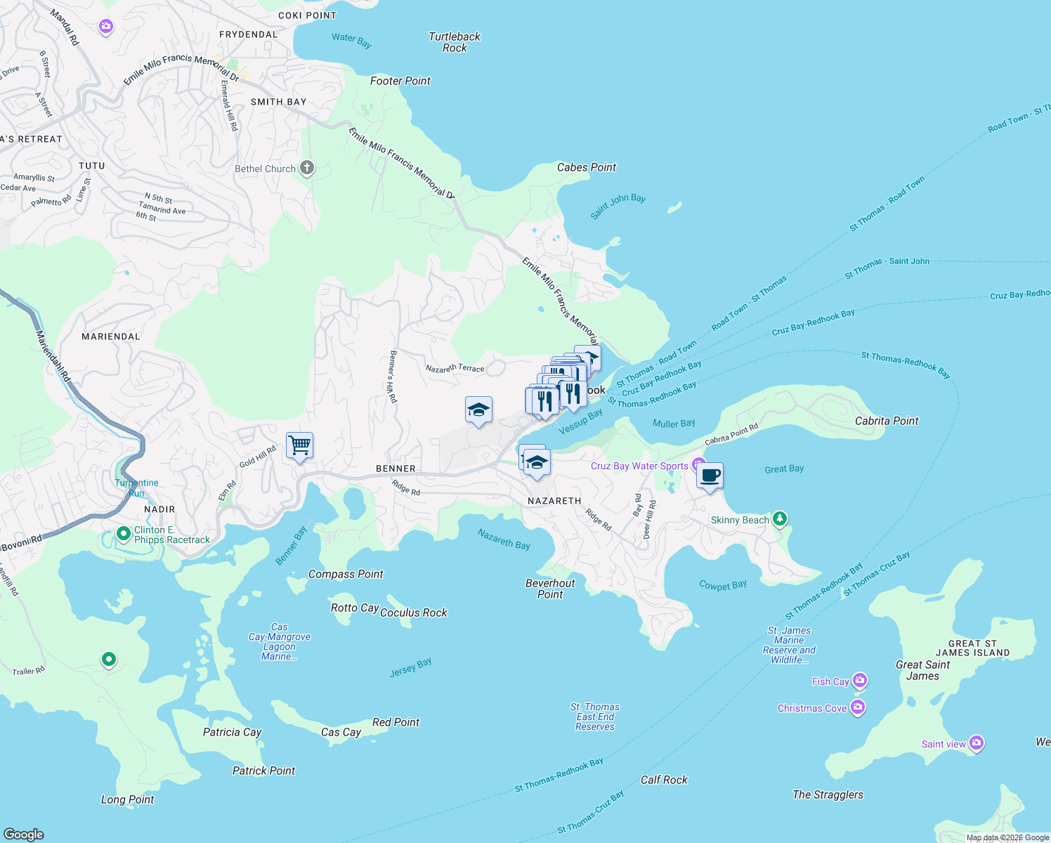 map of restaurants, bars, coffee shops, grocery stores, and more near Smith Bay Rd in East End