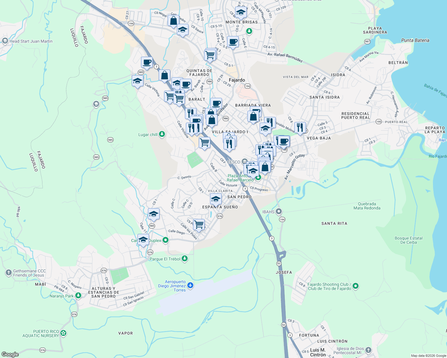 map of restaurants, bars, coffee shops, grocery stores, and more near Calle A in Fajardo