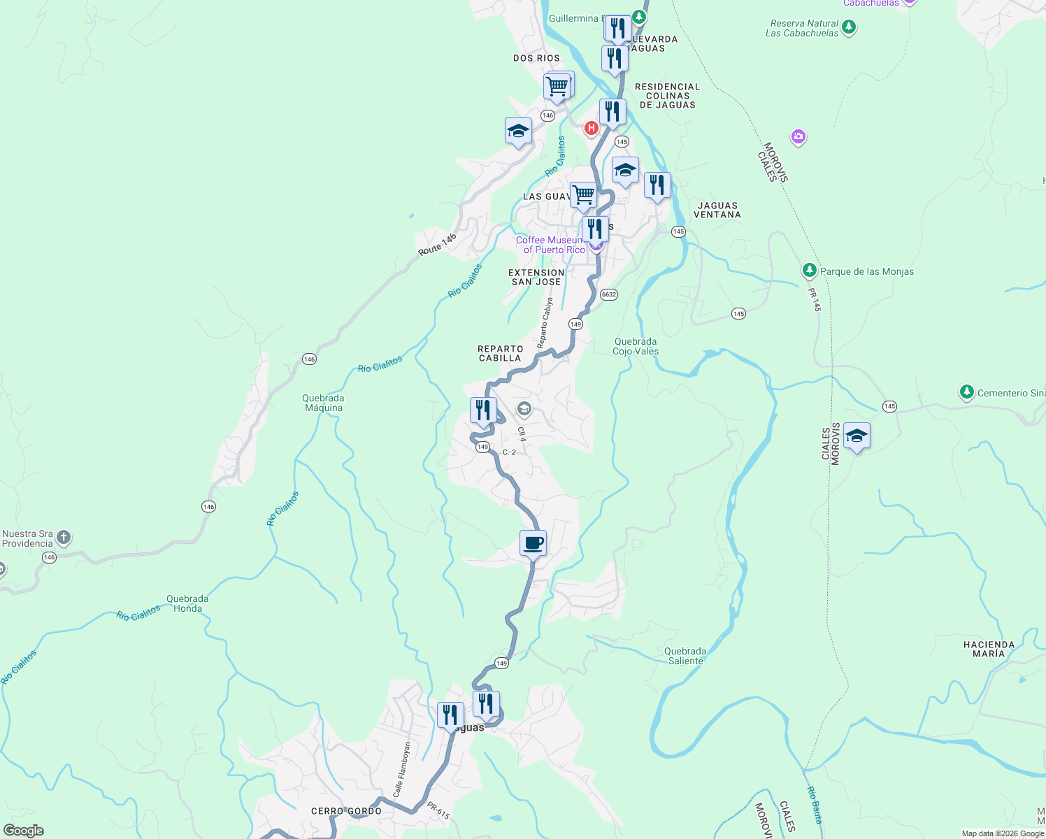 map of restaurants, bars, coffee shops, grocery stores, and more near Calle 6 in Ciales