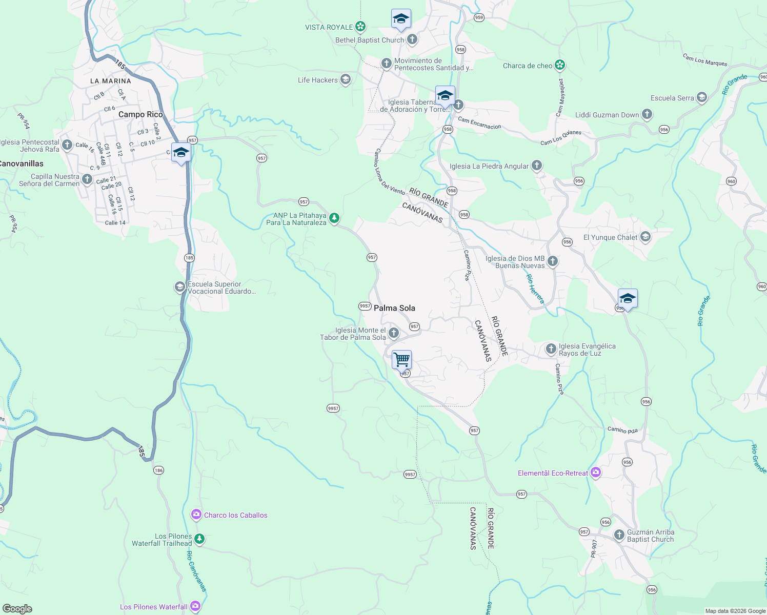 map of restaurants, bars, coffee shops, grocery stores, and more near Puerto Rico 957 in Canóvanas