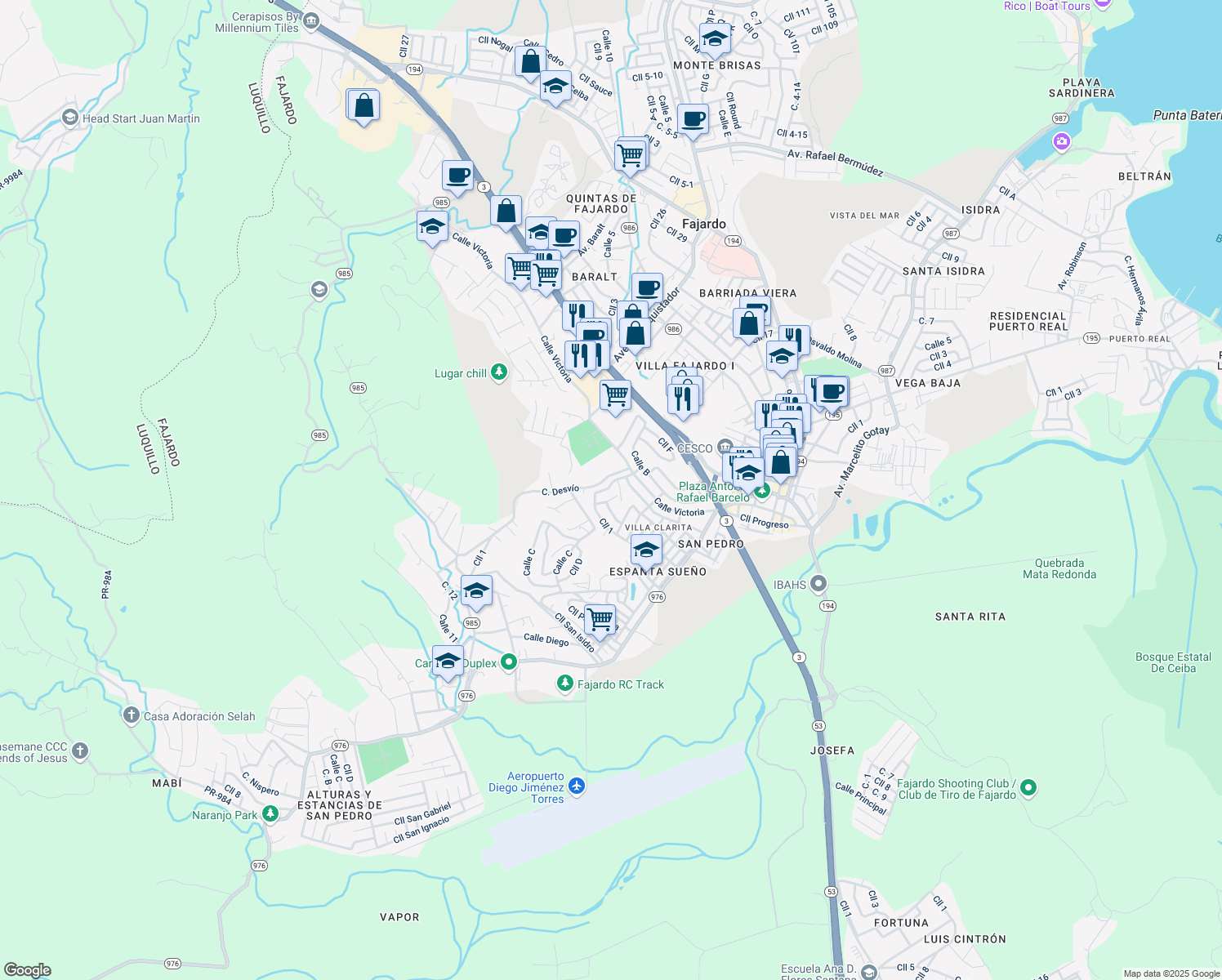map of restaurants, bars, coffee shops, grocery stores, and more near in Fajardo