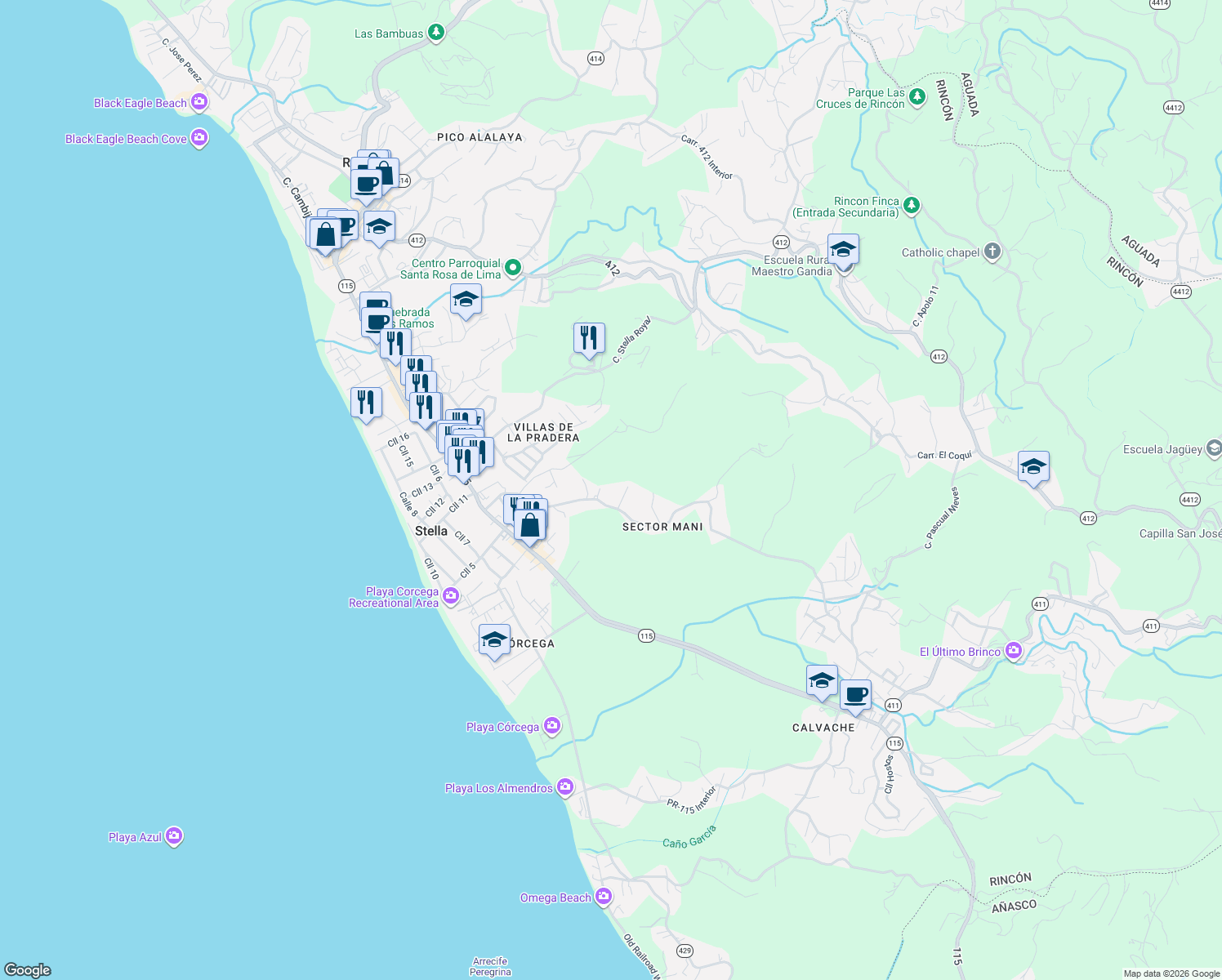 map of restaurants, bars, coffee shops, grocery stores, and more near Unnamed Road in Aguada