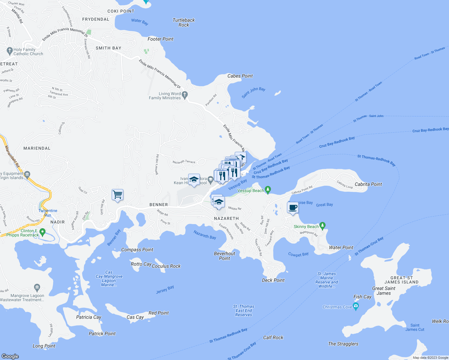 map of restaurants, bars, coffee shops, grocery stores, and more near Smith Bay Road in East End