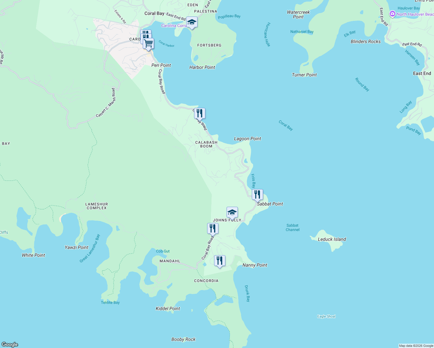 map of restaurants, bars, coffee shops, grocery stores, and more near Old Big Hill Road in Coral Bay
