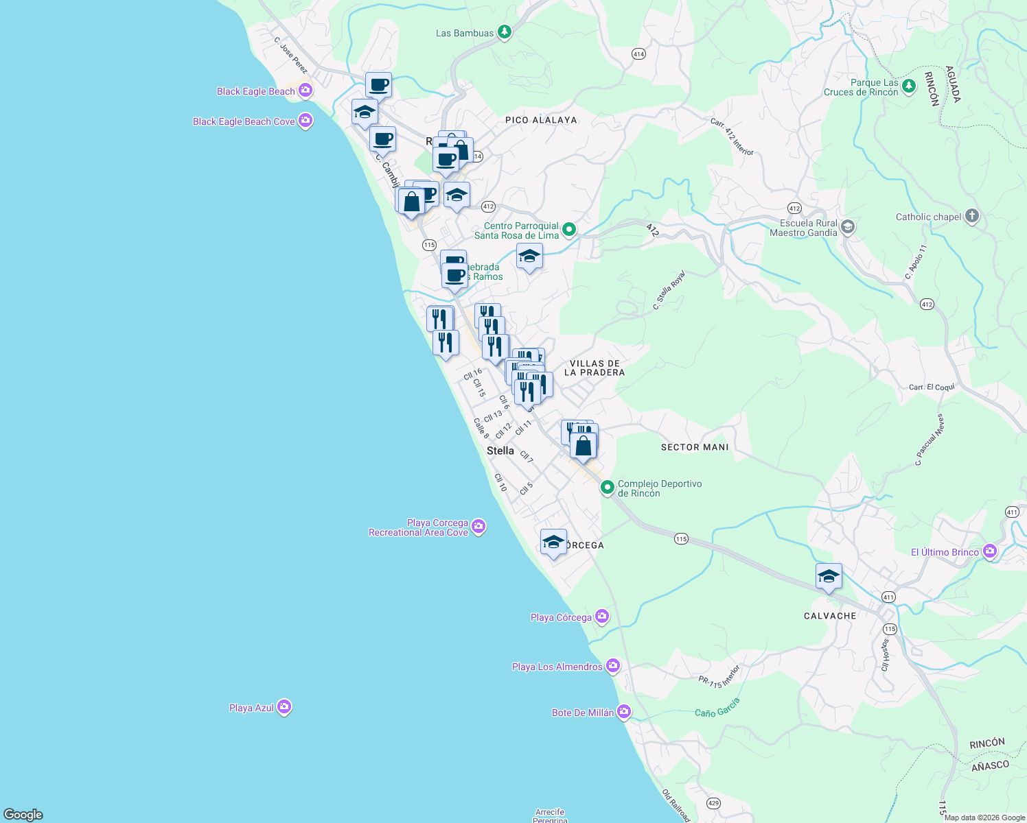map of restaurants, bars, coffee shops, grocery stores, and more near 37-55 Calle 6 in Aguada