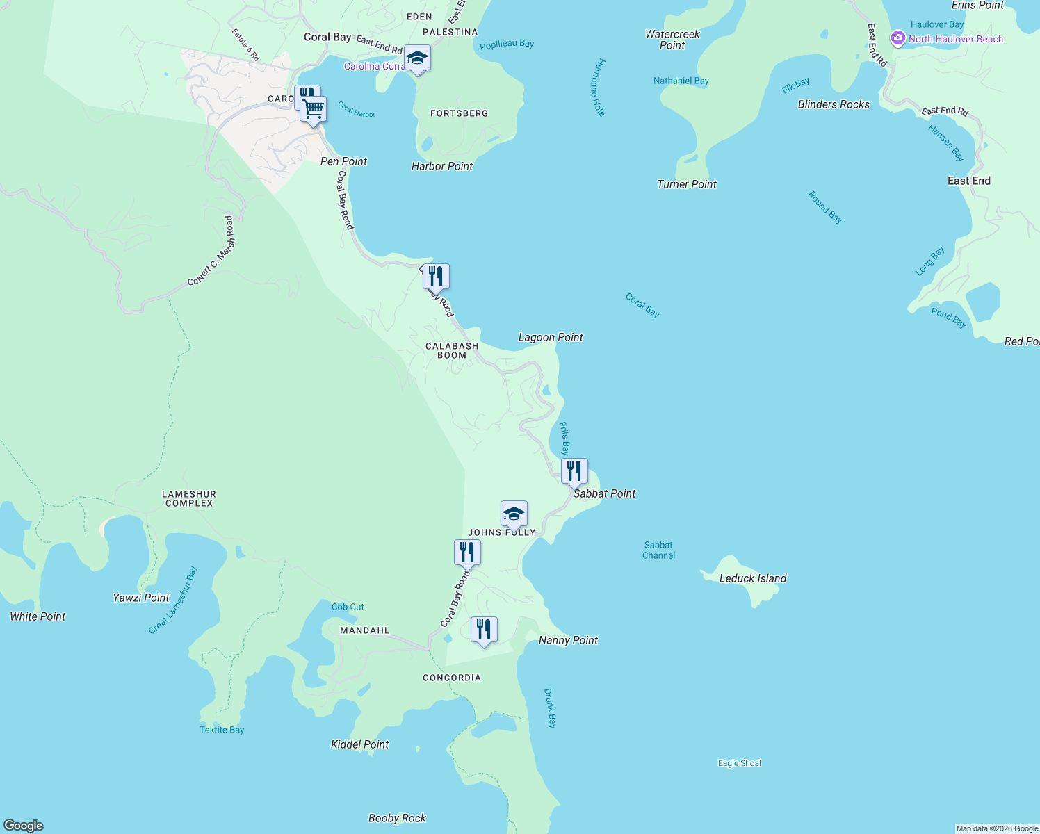 map of restaurants, bars, coffee shops, grocery stores, and more near Route 107 in Coral Bay