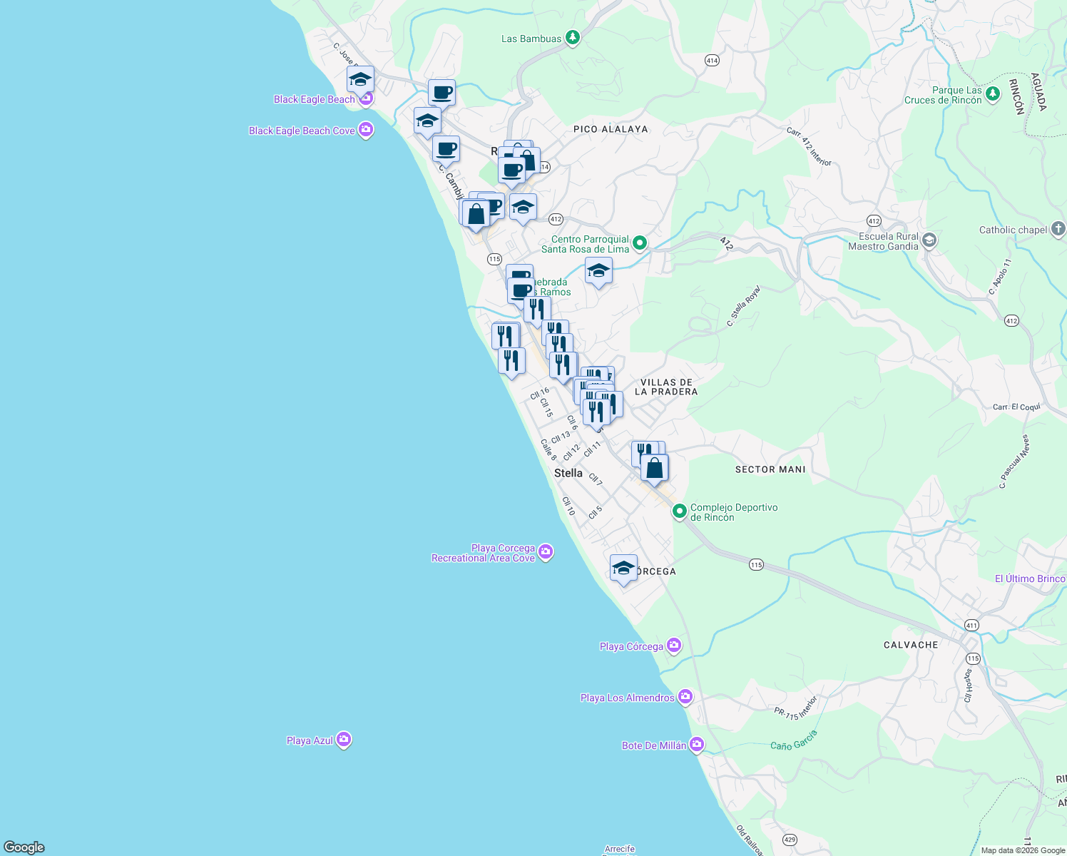 map of restaurants, bars, coffee shops, grocery stores, and more near in Rincon