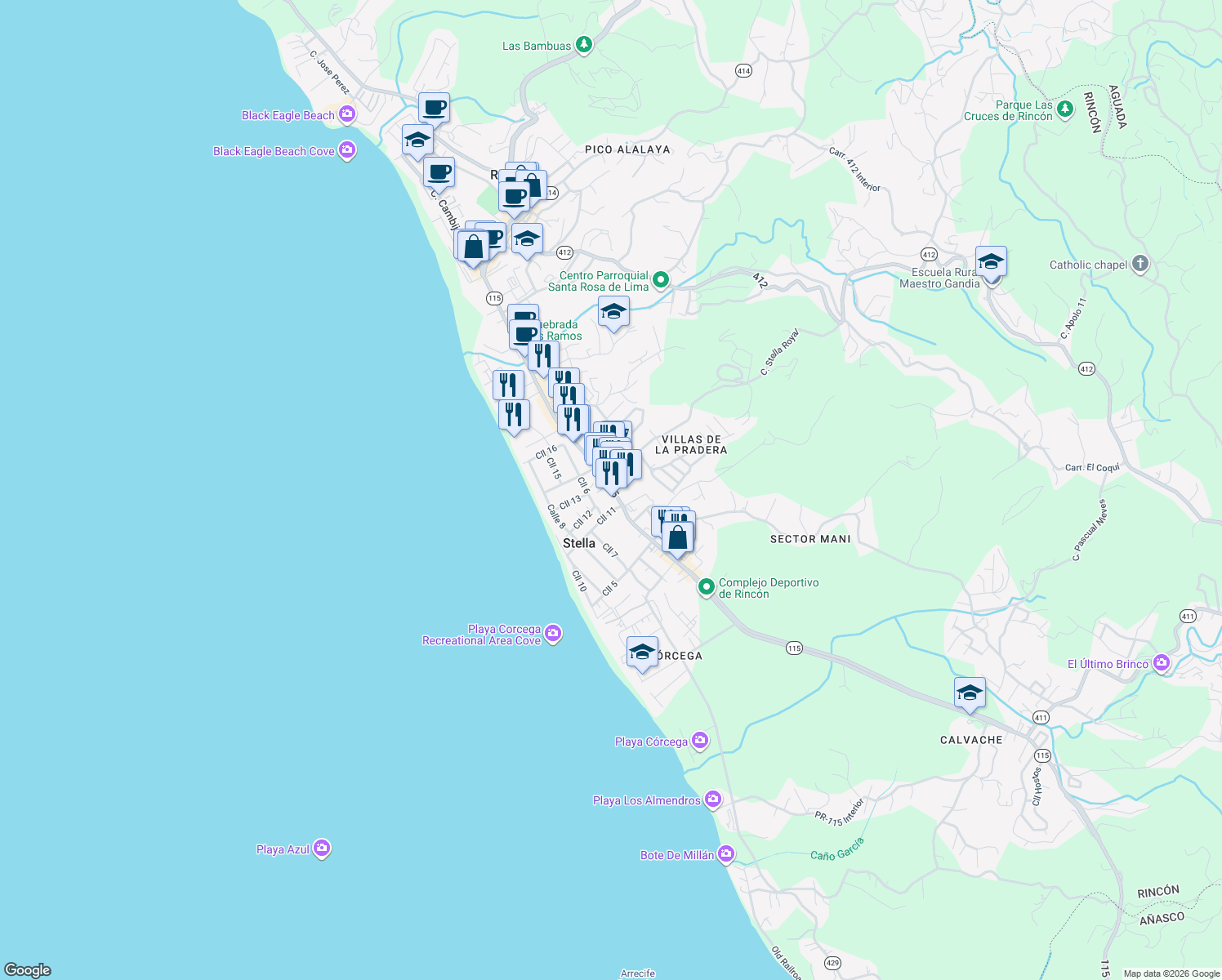 map of restaurants, bars, coffee shops, grocery stores, and more near 16 Highway 115 in Aguada
