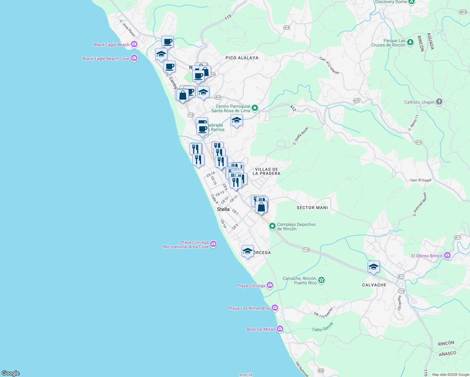 map of restaurants, bars, coffee shops, grocery stores, and more near 55 Calle 6 in Aguada
