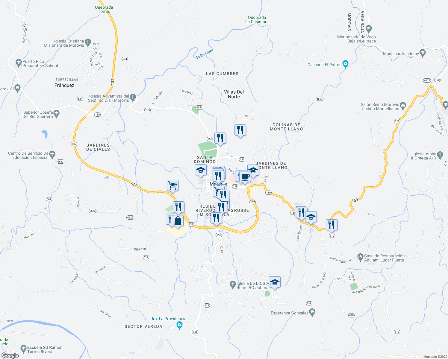 map of restaurants, bars, coffee shops, grocery stores, and more near 18 Puerto Rico 159 in Morovis