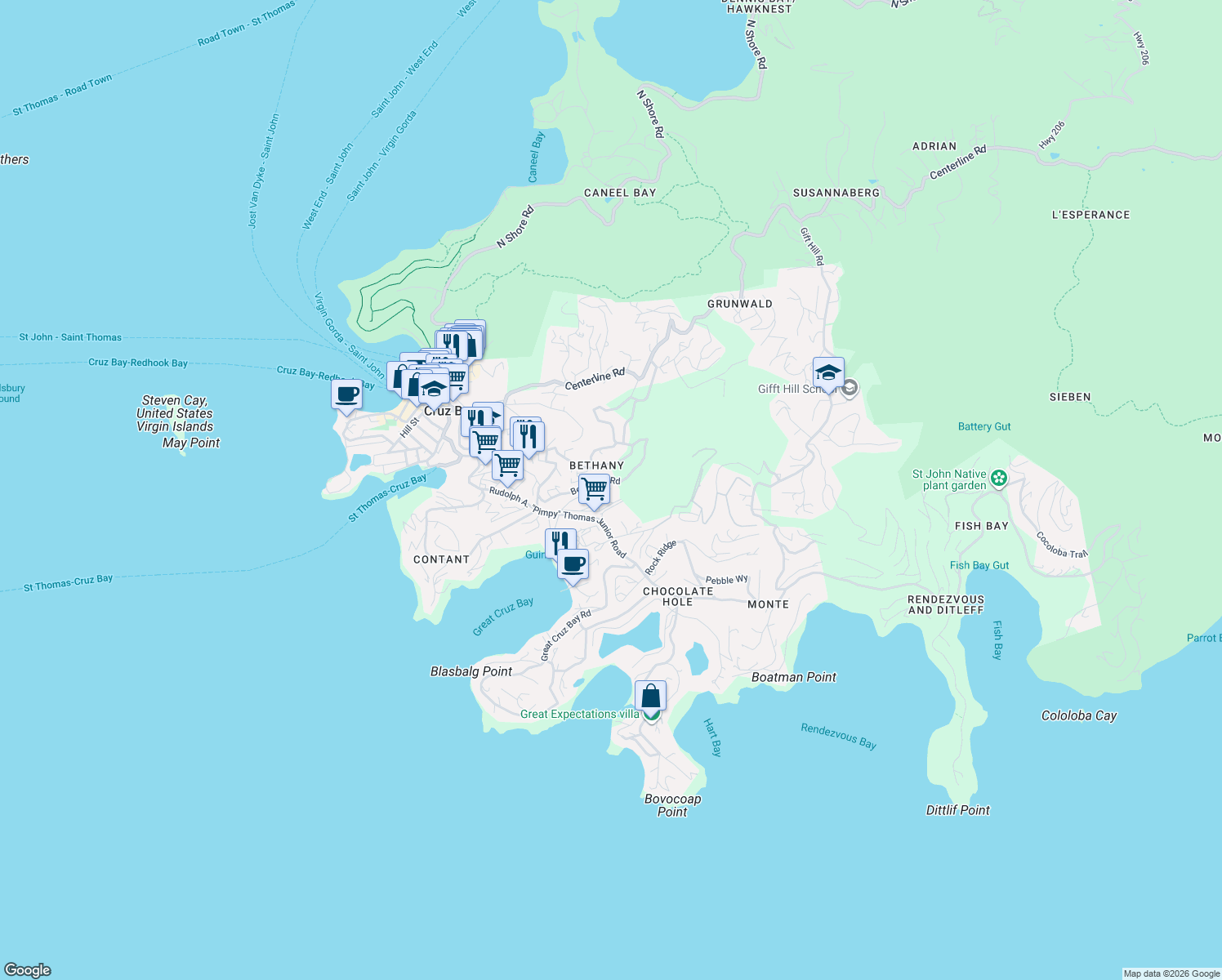 map of restaurants, bars, coffee shops, grocery stores, and more near in Cruz Bay