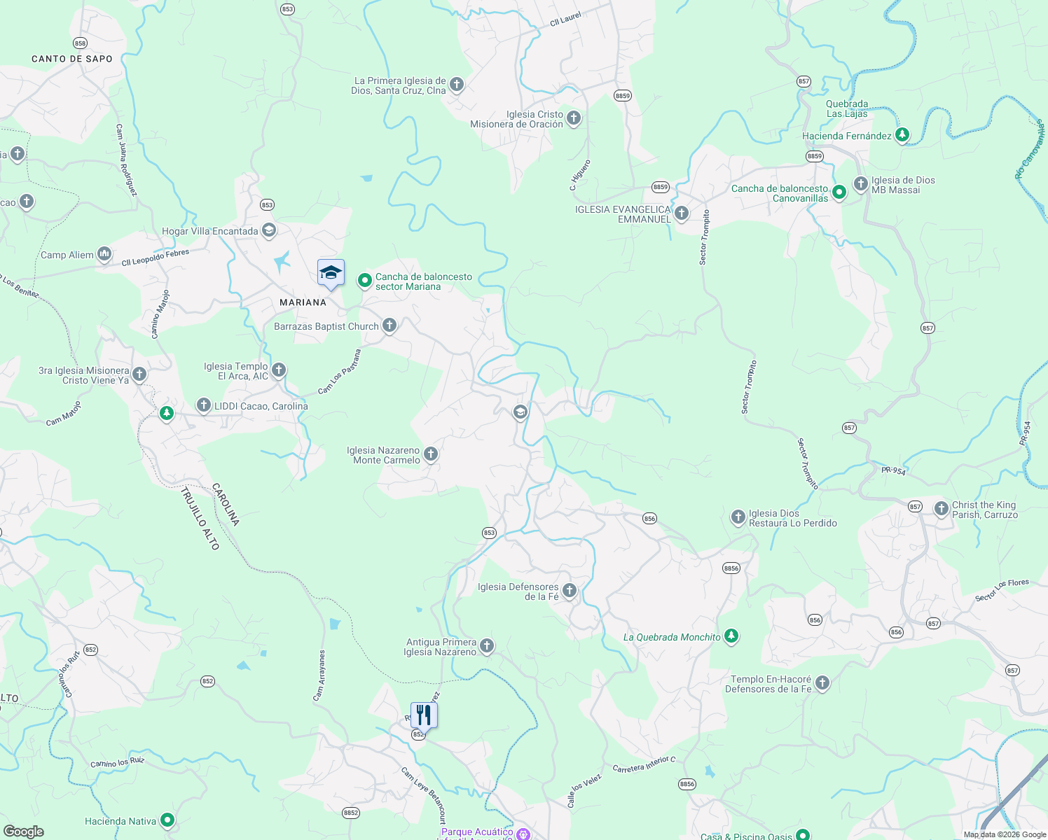 map of restaurants, bars, coffee shops, grocery stores, and more near in Trujillo Alto