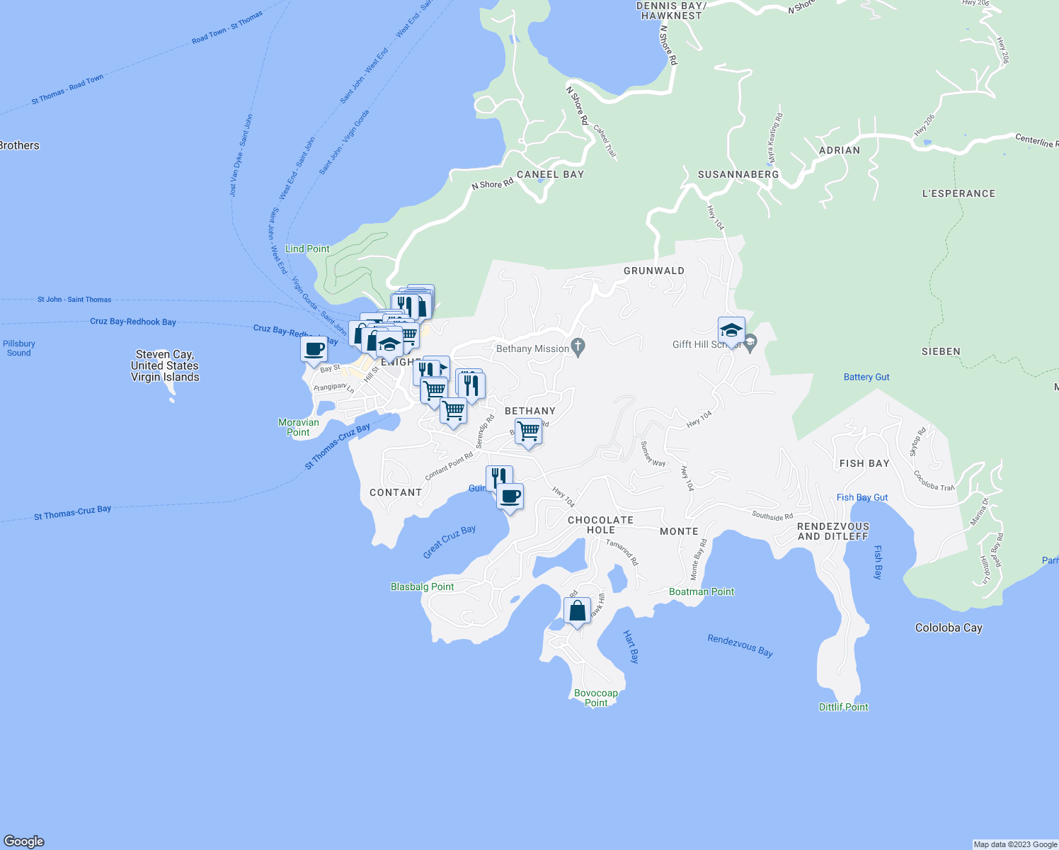 map of restaurants, bars, coffee shops, grocery stores, and more near Beth Cruz Road in Cruz Bay