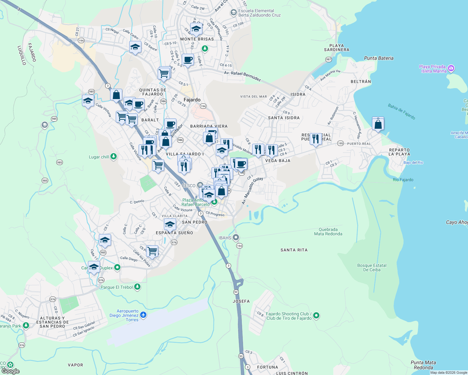 map of restaurants, bars, coffee shops, grocery stores, and more near 100-198 Calle Federico Garcia in Fajardo