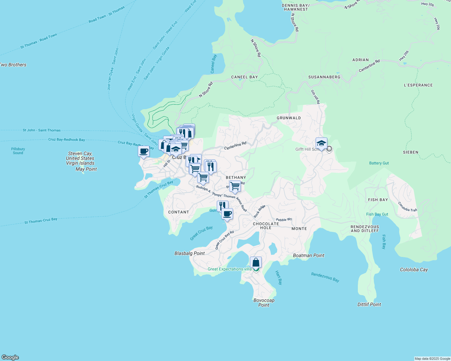 map of restaurants, bars, coffee shops, grocery stores, and more near Beth Cruz Road in Cruz Bay
