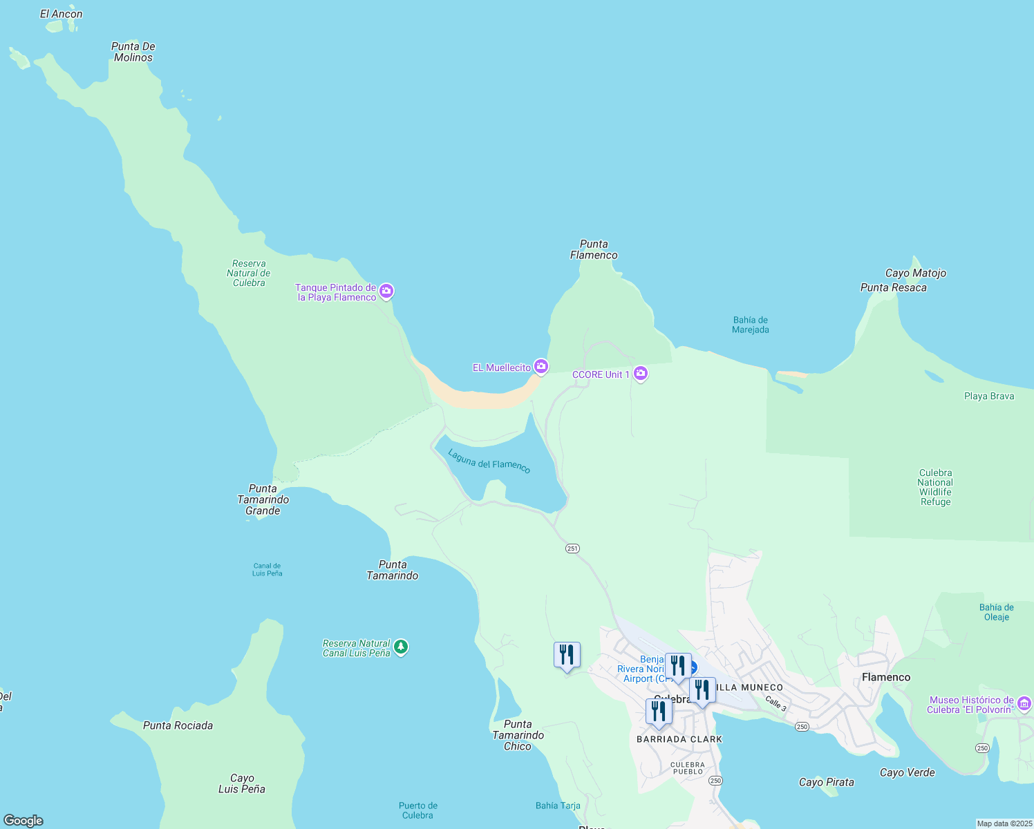 map of restaurants, bars, coffee shops, grocery stores, and more near Calle Salisberry in Culebra