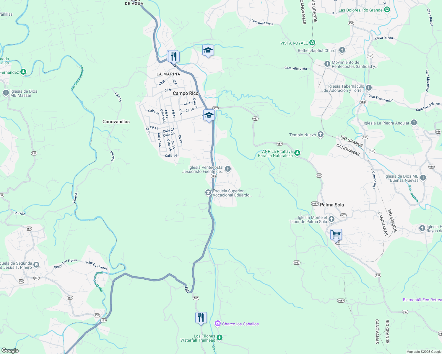 map of restaurants, bars, coffee shops, grocery stores, and more near 6 Puerto Rico 185 in Canóvanas