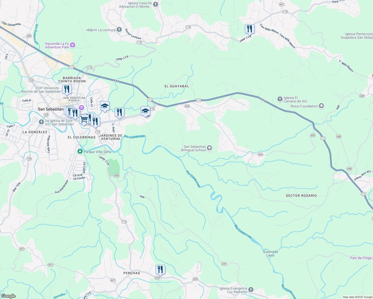 map of restaurants, bars, coffee shops, grocery stores, and more near in Piedras Blancas