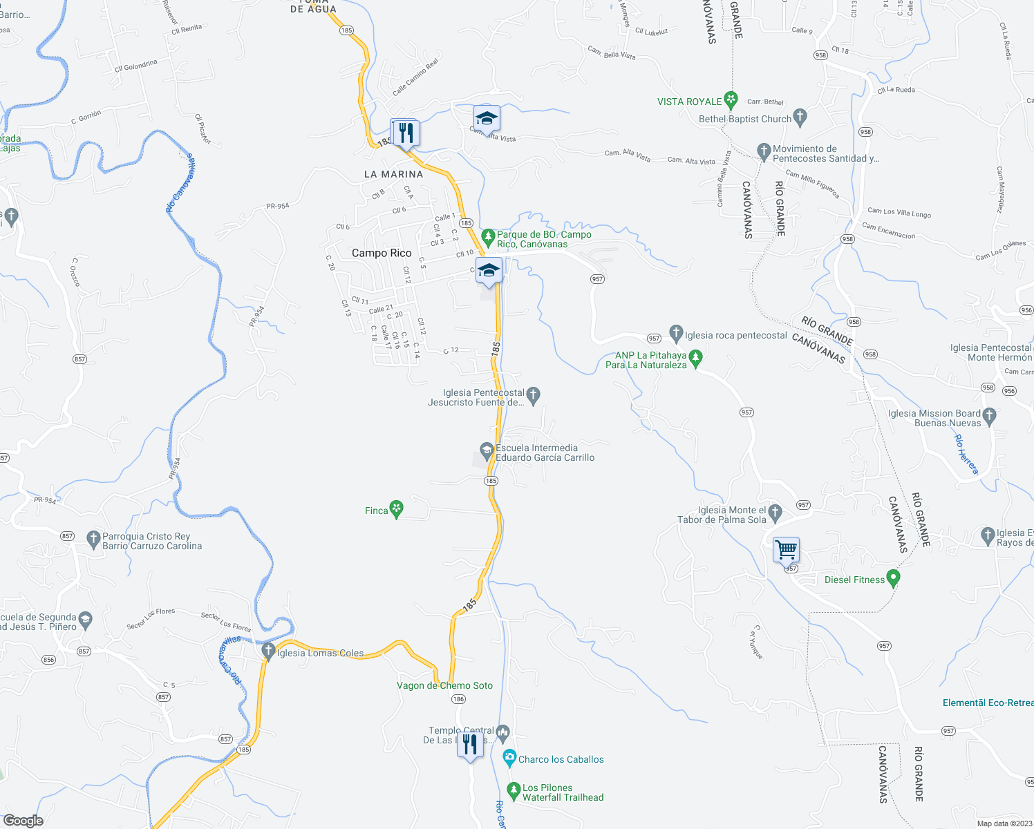 map of restaurants, bars, coffee shops, grocery stores, and more near 6 Puerto Rico 185 in Canóvanas
