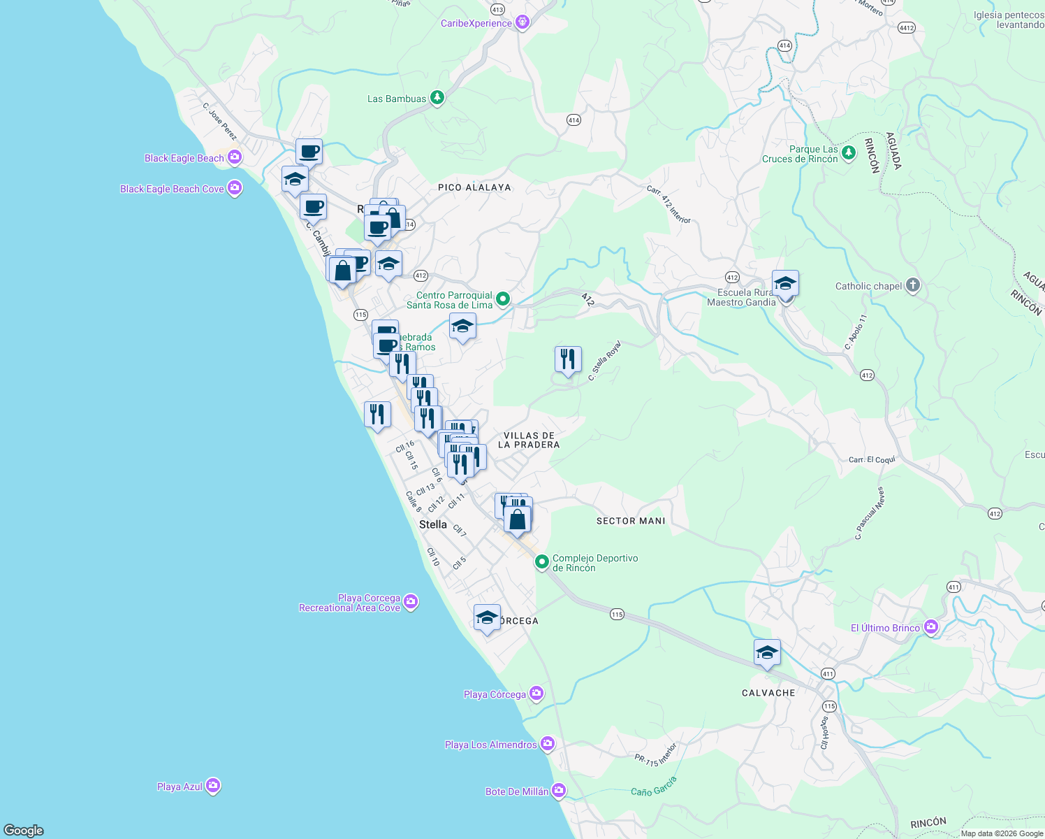 map of restaurants, bars, coffee shops, grocery stores, and more near Villas de La Pradera in Rincón