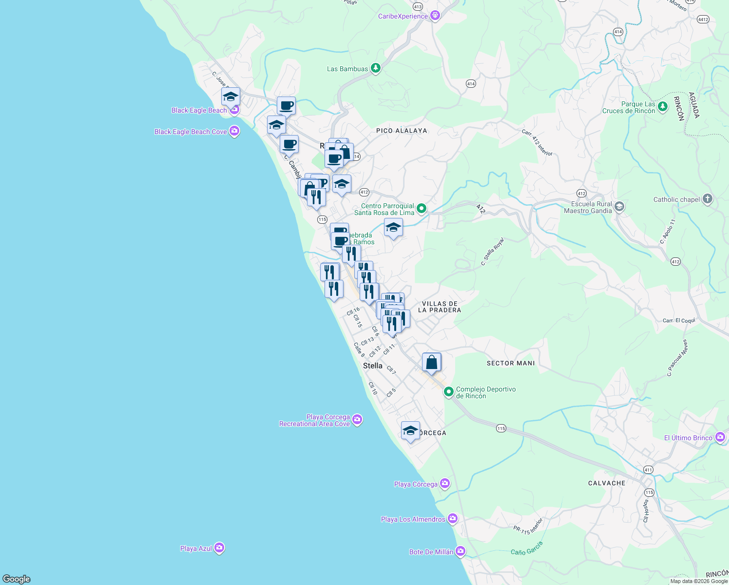 map of restaurants, bars, coffee shops, grocery stores, and more near Avenida Dr Albizu Campos in Aguada