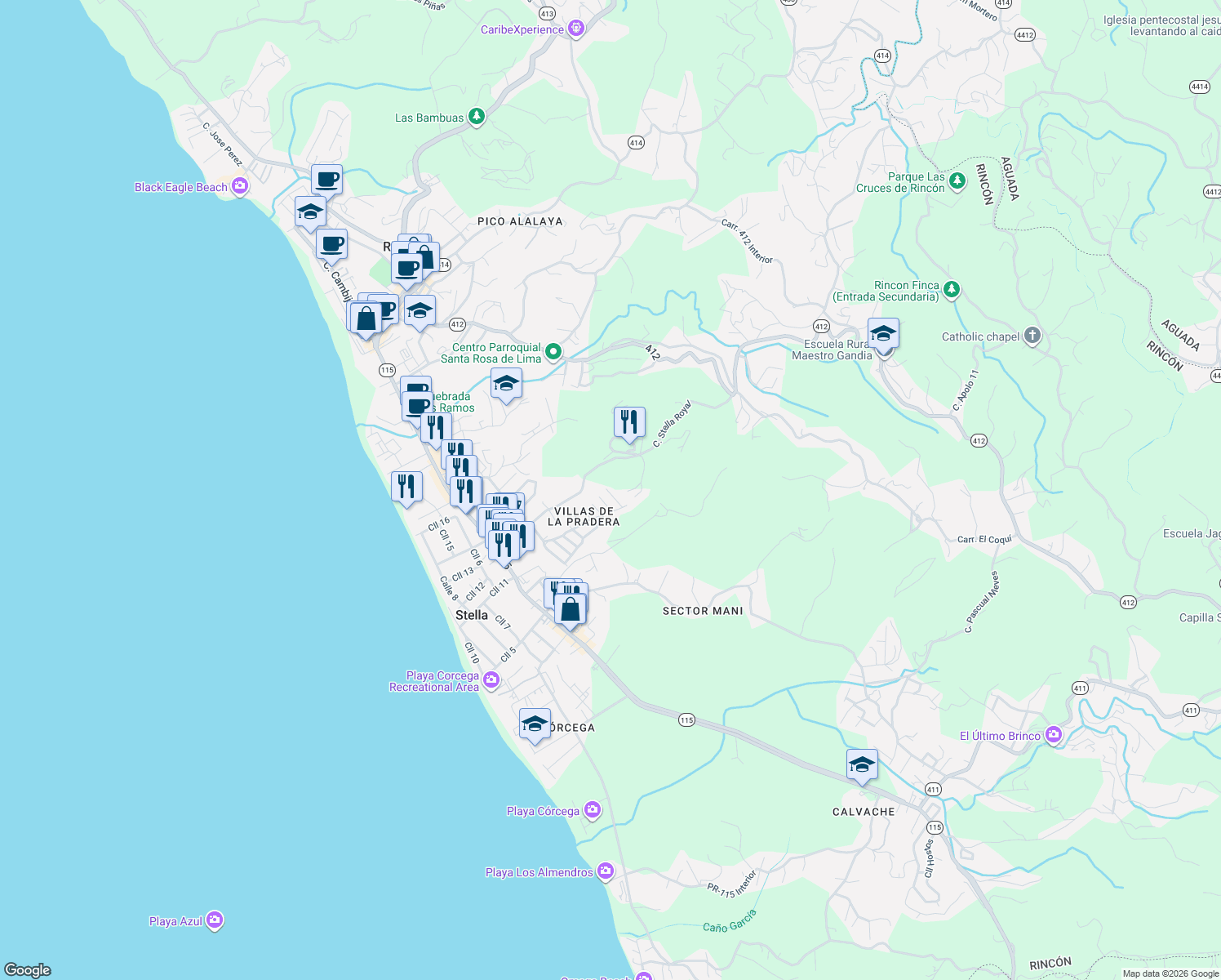 map of restaurants, bars, coffee shops, grocery stores, and more near 183 Calle Zorzal in Rincón