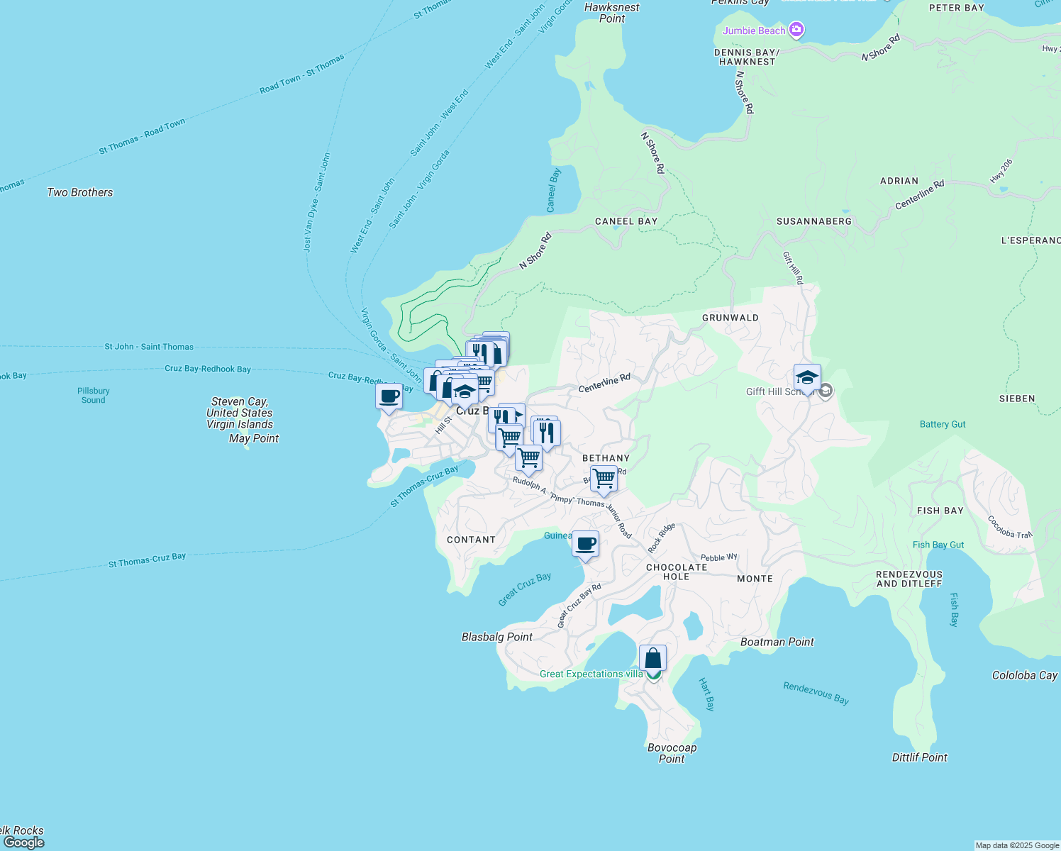 map of restaurants, bars, coffee shops, grocery stores, and more near Allamanda Place in Cruz Bay