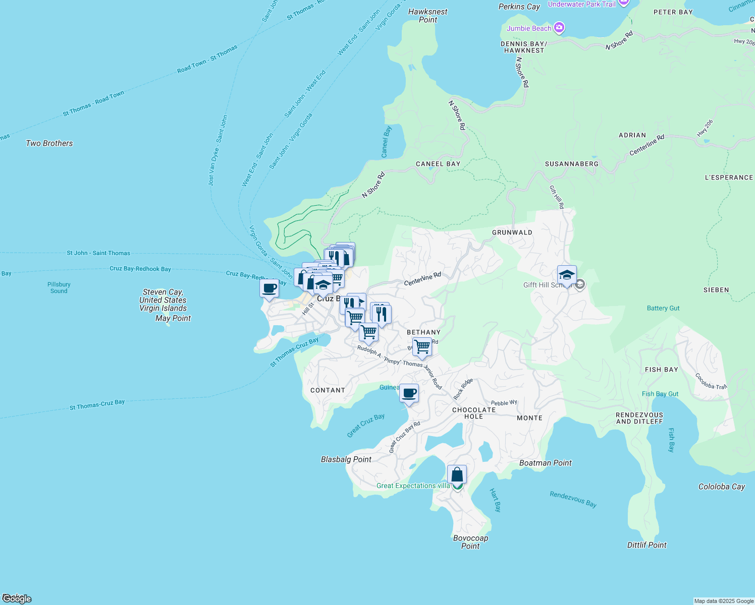 map of restaurants, bars, coffee shops, grocery stores, and more near Allamanda Place in Cruz Bay