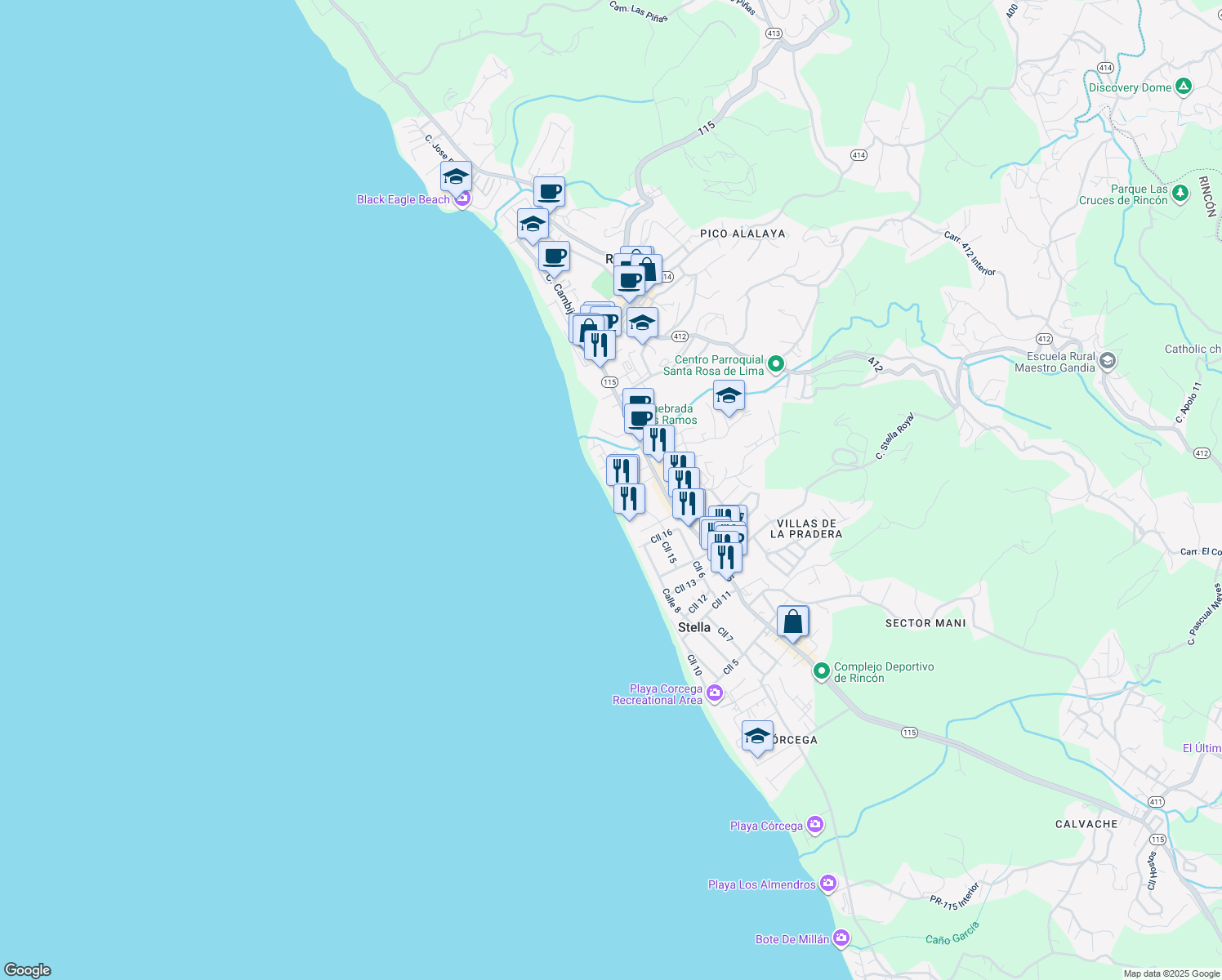 map of restaurants, bars, coffee shops, grocery stores, and more near 26 Sea Beach Drive in Rincon