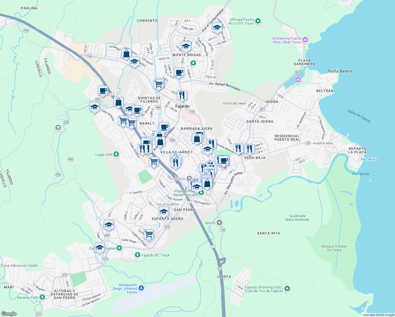 map of restaurants, bars, coffee shops, grocery stores, and more near 20 Avenue A in Fajardo